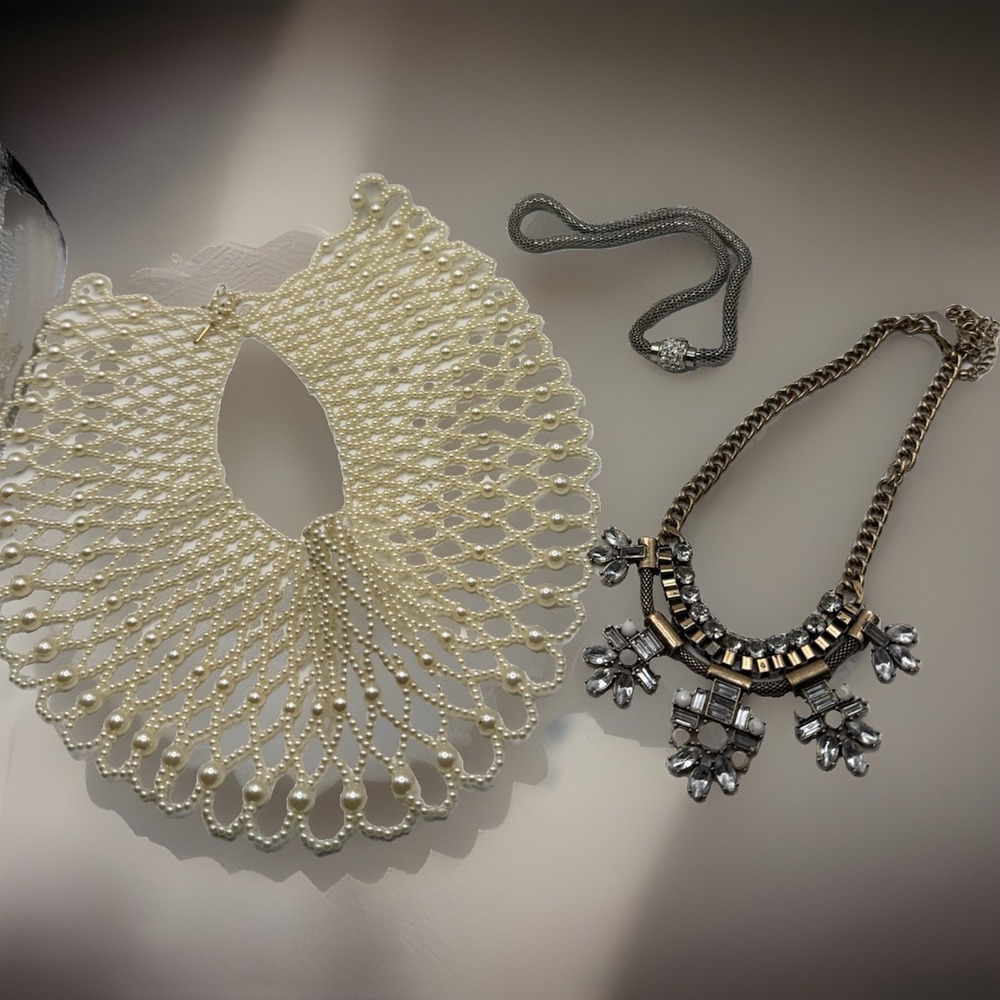 Vintage Jewelry Lot: Faux Pearl Bib Necklace, Art Deco Necklace, 3 Necklaces